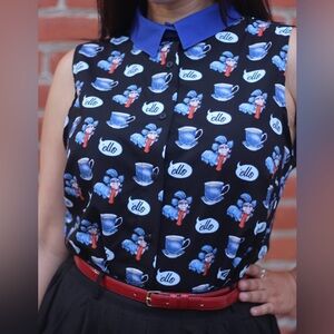 BlackMilk Blue Button Sleeveless Top with Labyrinth Print